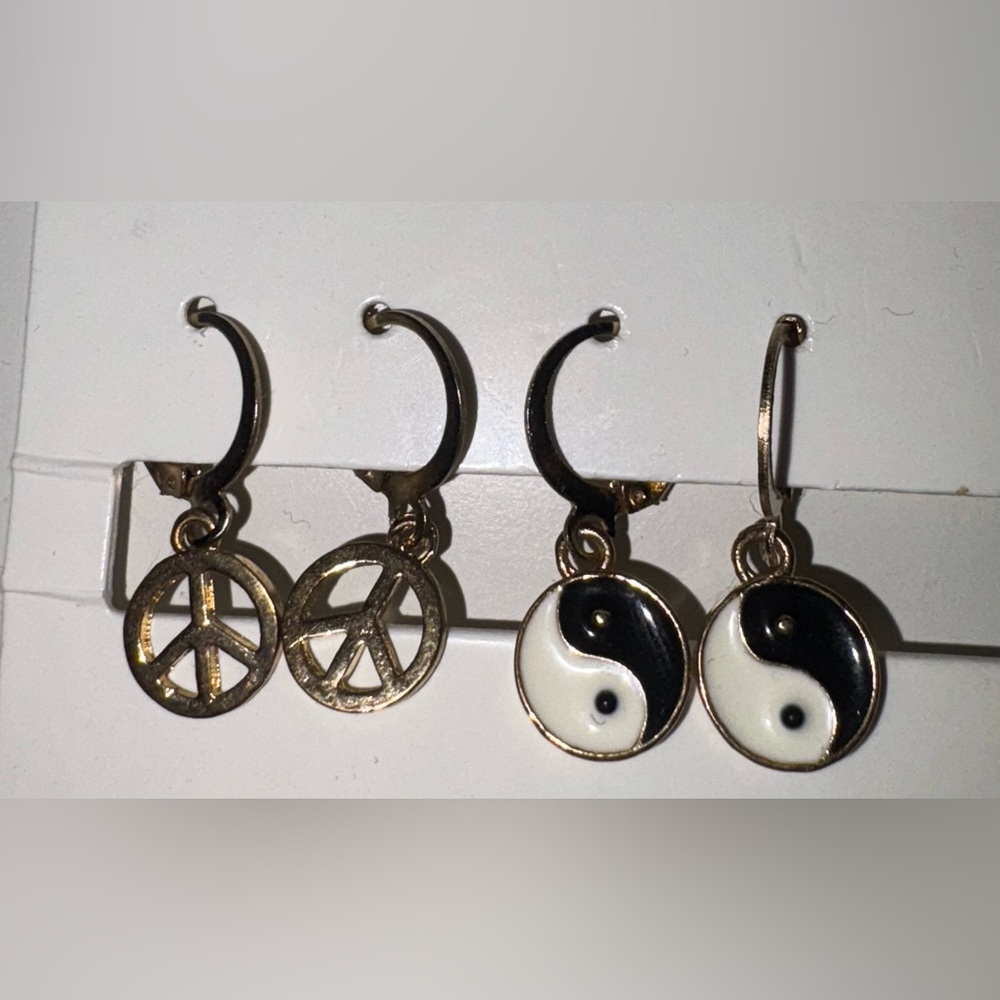 Gold Peace Sign and Black Yin Yang Peace Earrings Set NWT